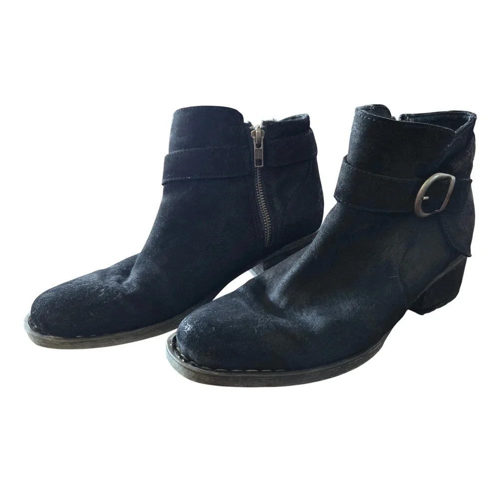 Born Black Suede Ankle Boots Buckle Side Zip Block Heel BR0028509 Womens 9.5/41
